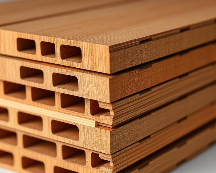 Stacked WPC composite decking boards with hollow core profiles and wood grain finish