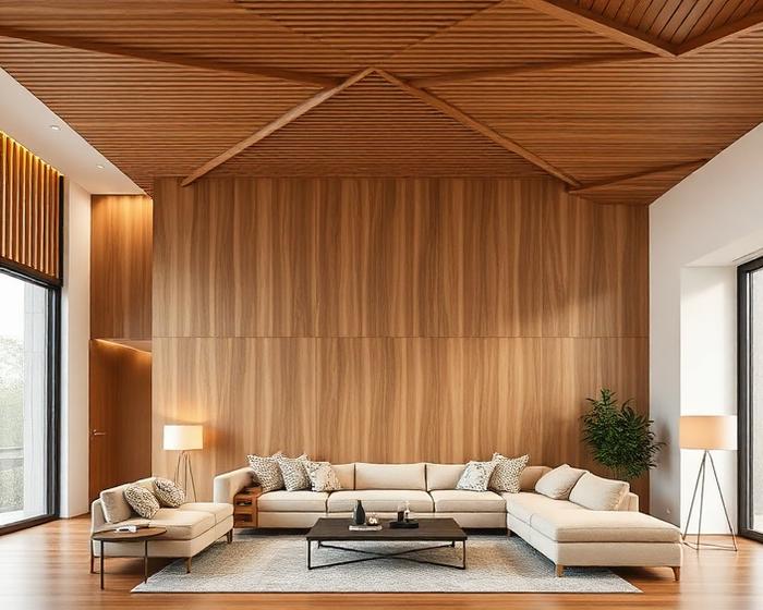 Modern living room with WPC slat wall and ceiling interior design